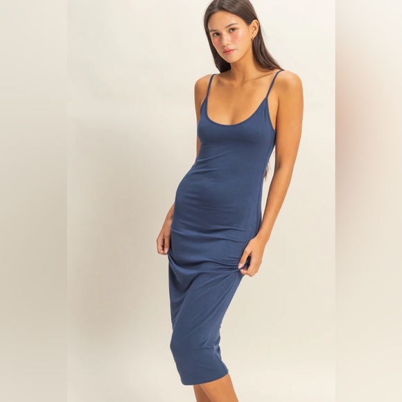 NEW Double Zero Dark Blue Bodycon Midi Cami Dress Stretch Size Large - Picture 2 of 5